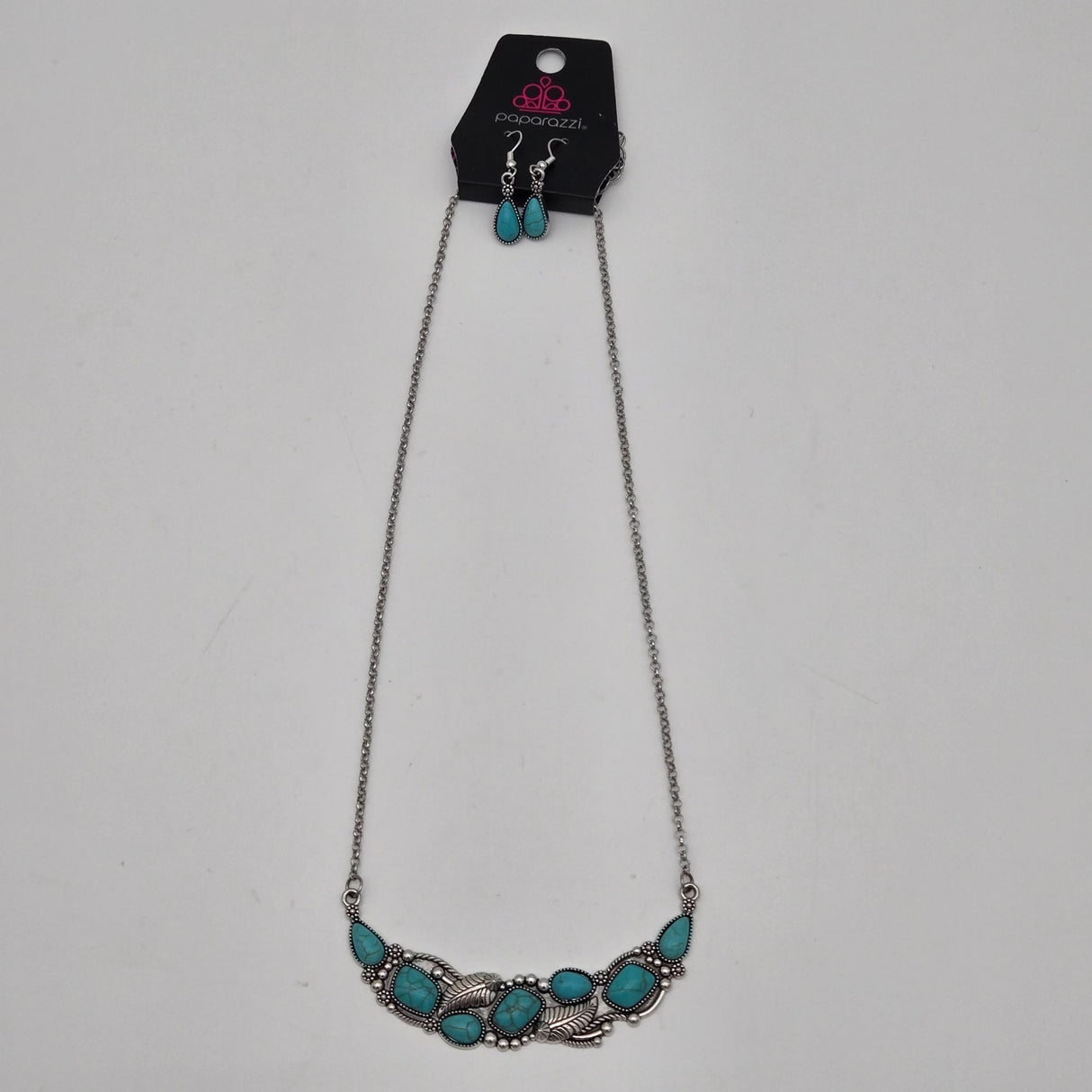 Turquoise Teardrop Necklace & Earring Set With Leaf Design By Paparazzi