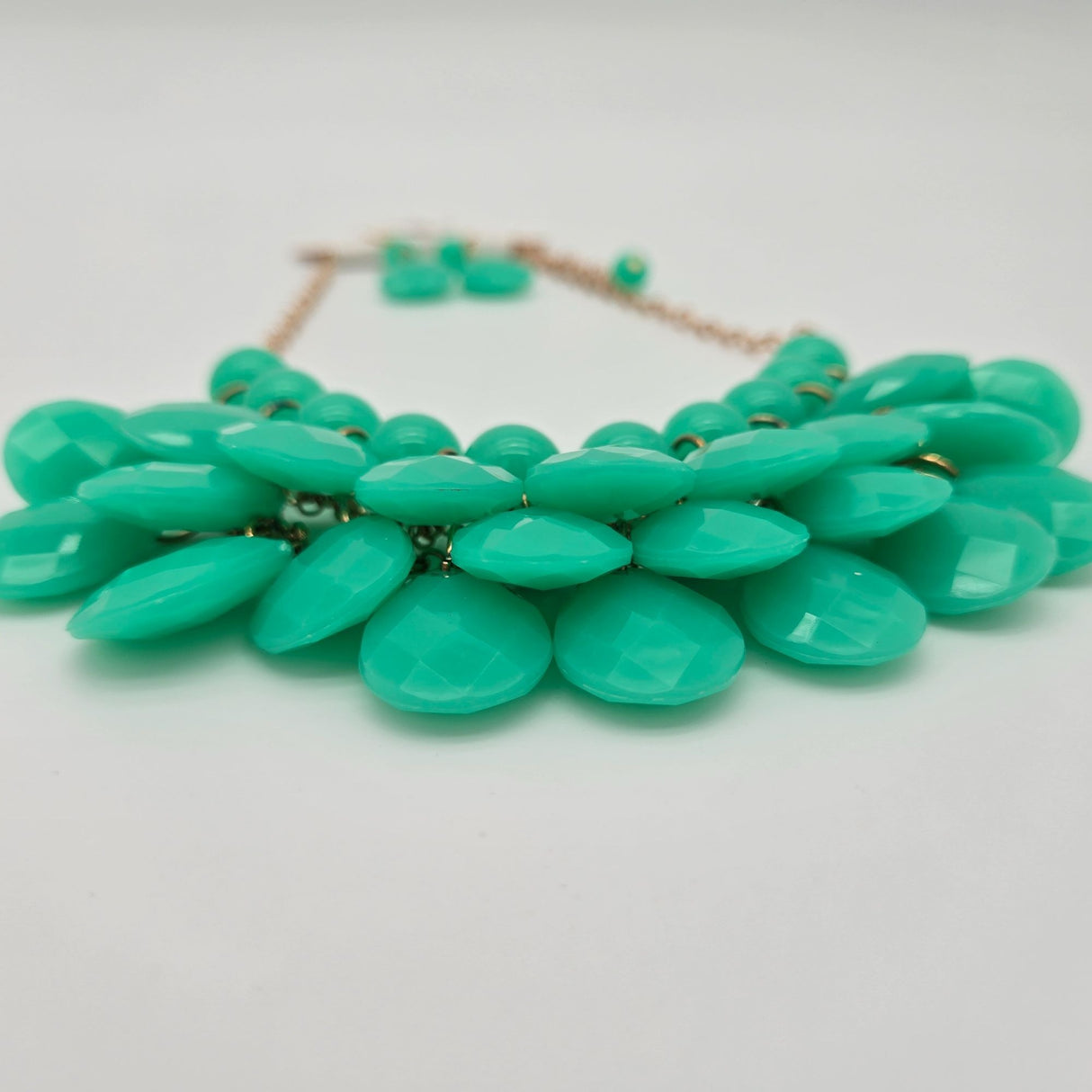 Green Teardrop Bib Necklace & Matching Earrings Set Gold Chain Fashion Jewelry Statement Piece