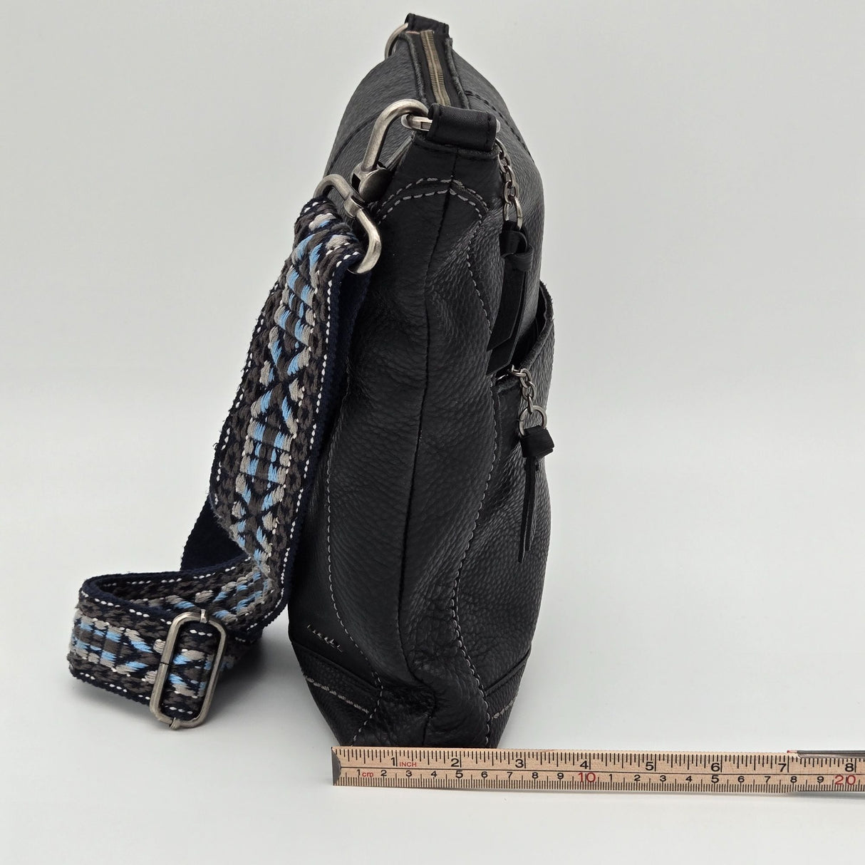 The Sak Black Leather Crossbody Bag With Adjustable Blue Patterned Strap