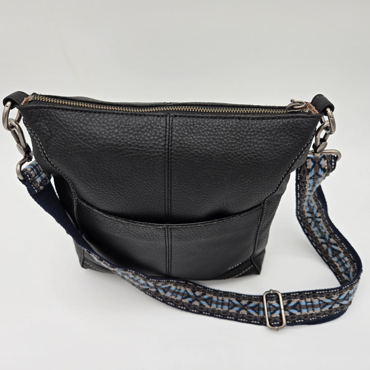 The Sak Black Leather Crossbody Bag With Adjustable Blue Patterned Strap