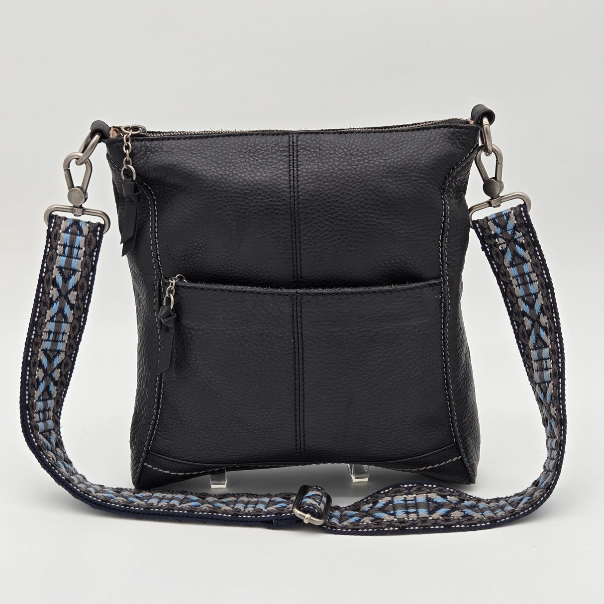 The Sak Black Leather Crossbody Bag With Adjustable Blue Patterned Strap