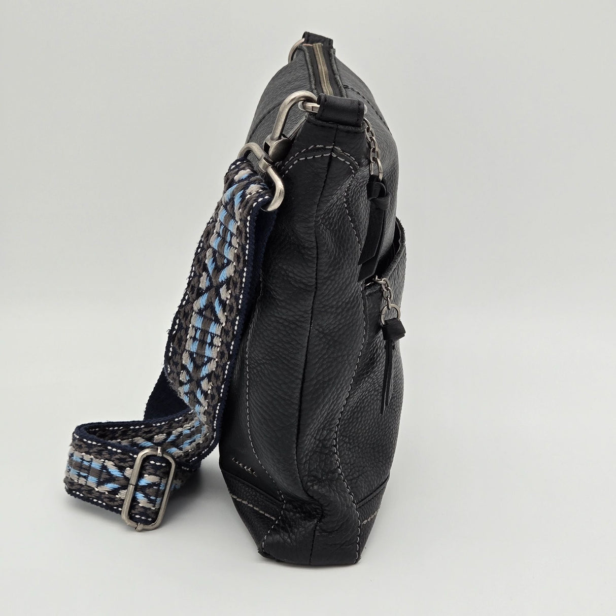The Sak Black Leather Crossbody Bag With Adjustable Blue Patterned Strap