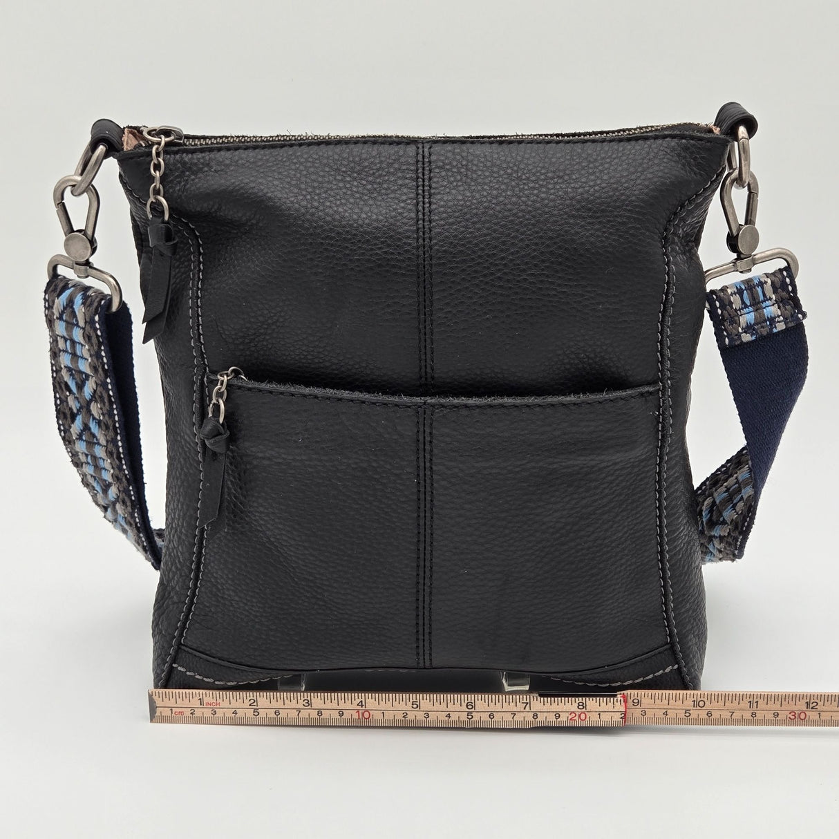 The Sak Black Leather Crossbody Bag With Adjustable Blue Patterned Strap