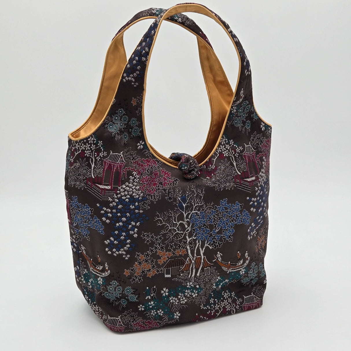 Handmade Mandarin Motif Silk Embroidery Tote Bag With Knot Closure & Inner Pocket
