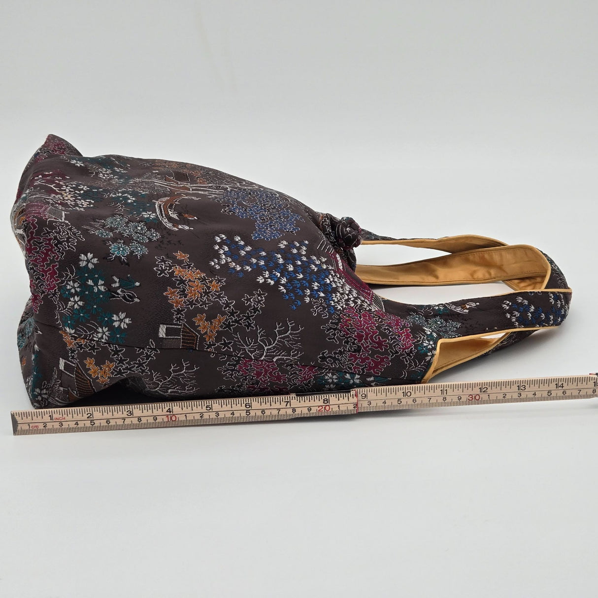 Handmade Mandarin Motif Silk Embroidery Tote Bag With Knot Closure & Inner Pocket