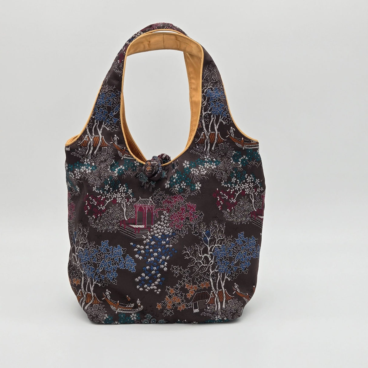 Handmade Mandarin Motif Silk Embroidery Tote Bag With Knot Closure & Inner Pocket
