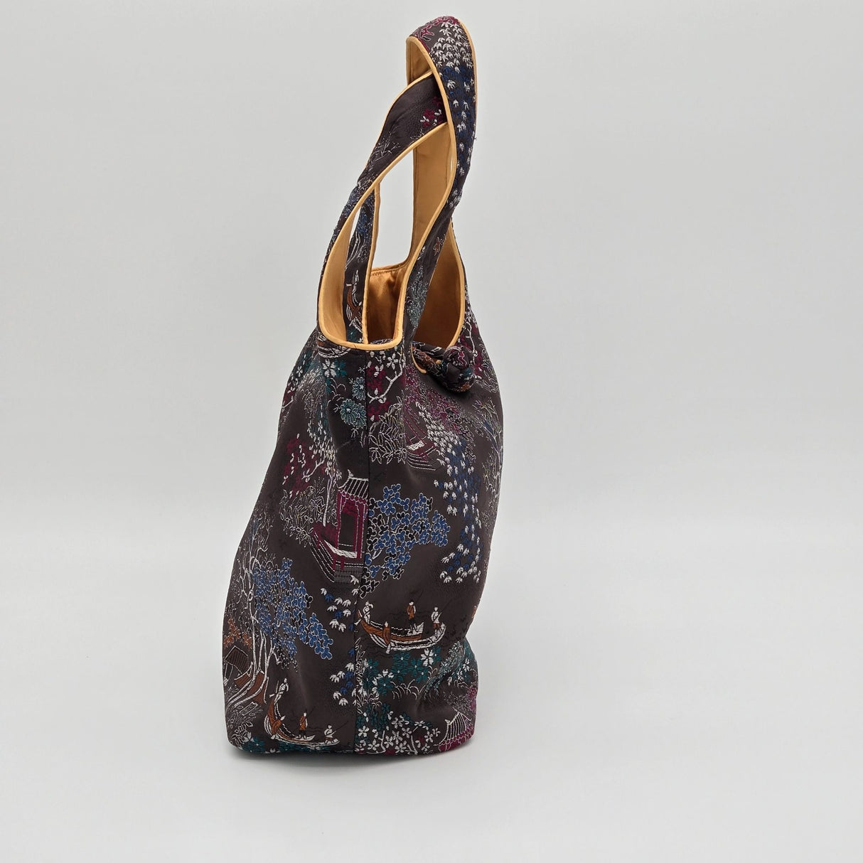 Handmade Mandarin Motif Silk Embroidery Tote Bag With Knot Closure & Inner Pocket