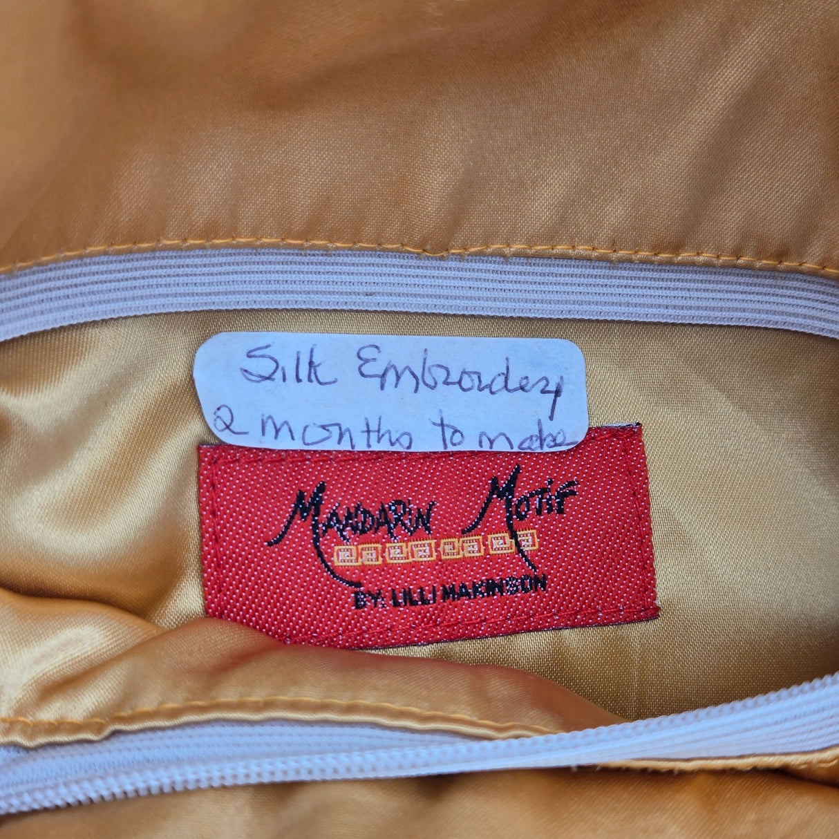 Handmade Mandarin Motif Silk Embroidery Tote Bag With Knot Closure & Inner Pocket