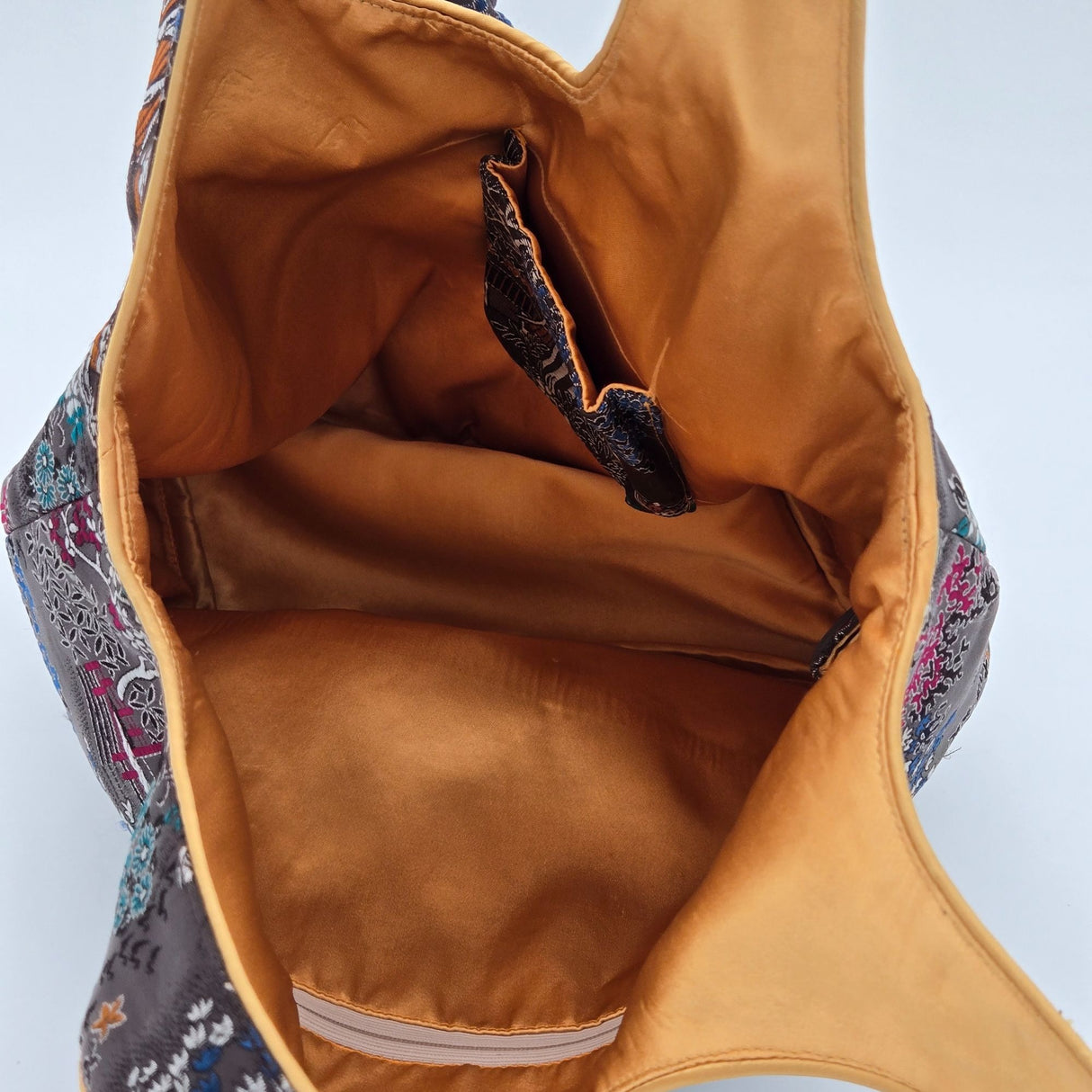 Handmade Mandarin Motif Silk Embroidery Tote Bag With Knot Closure & Inner Pocket