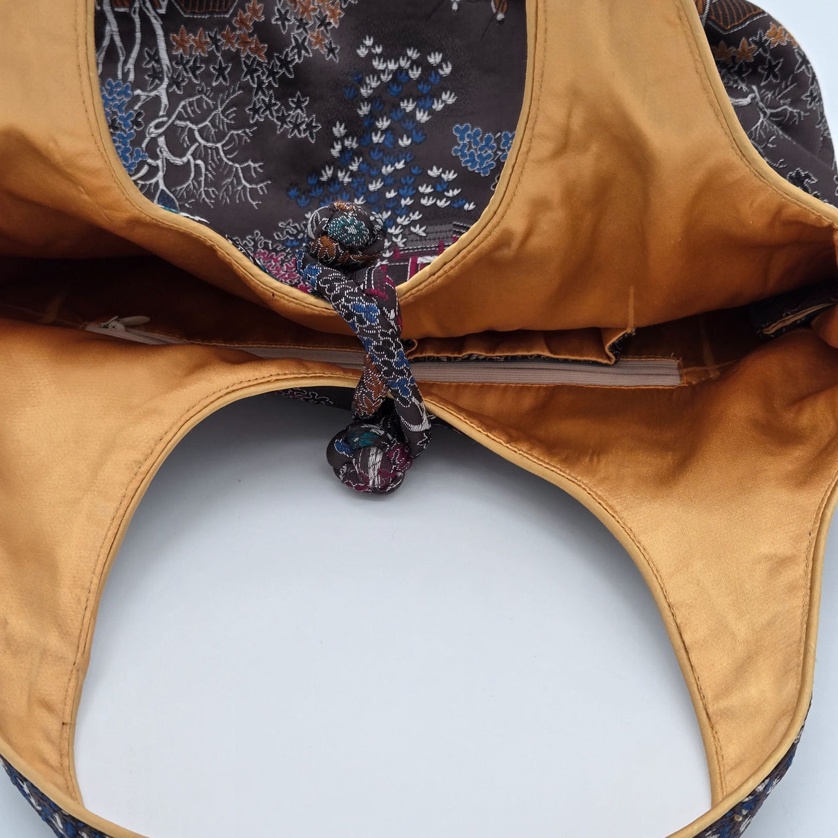 Handmade Mandarin Motif Silk Embroidery Tote Bag With Knot Closure & Inner Pocket