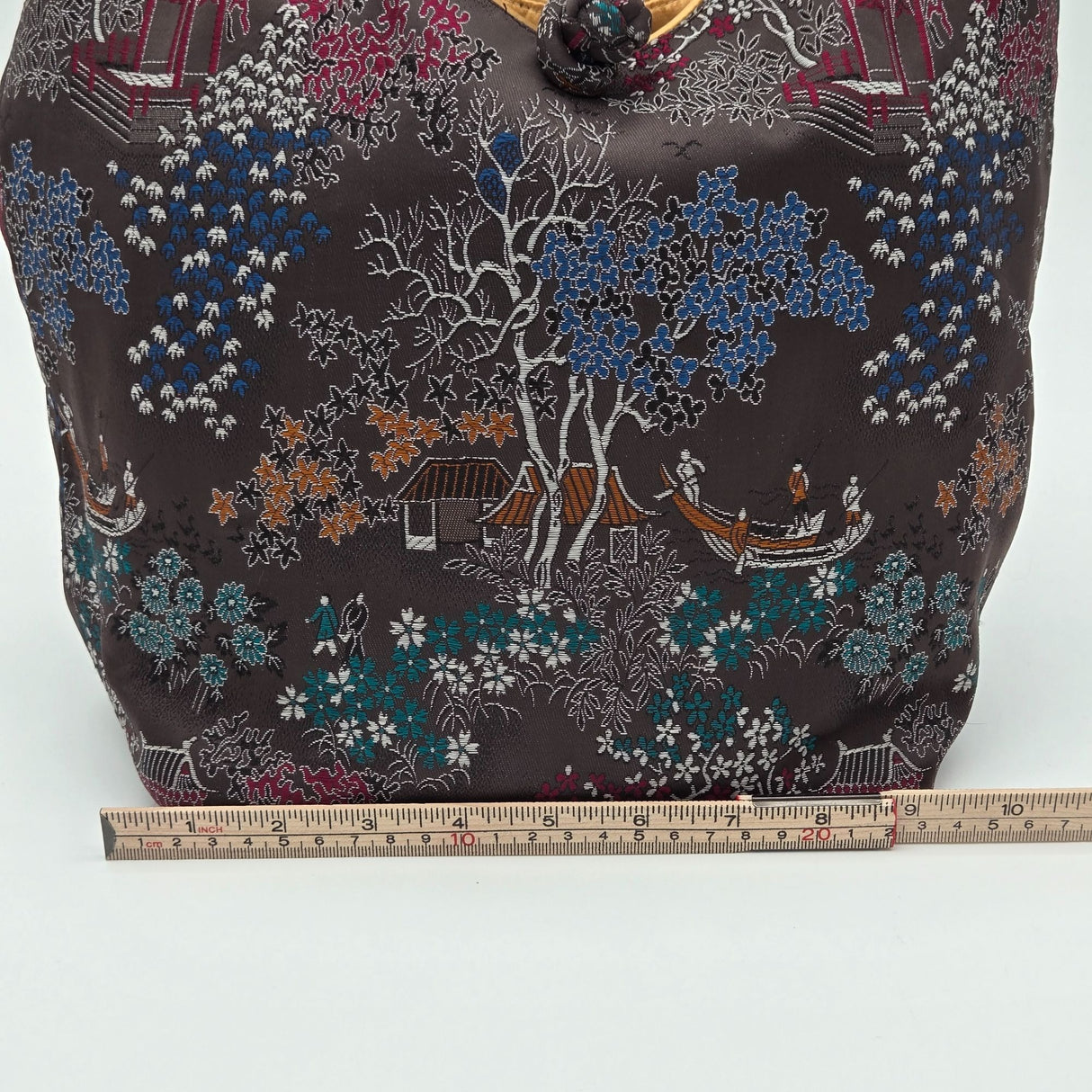 Handmade Mandarin Motif Silk Embroidery Tote Bag With Knot Closure & Inner Pocket