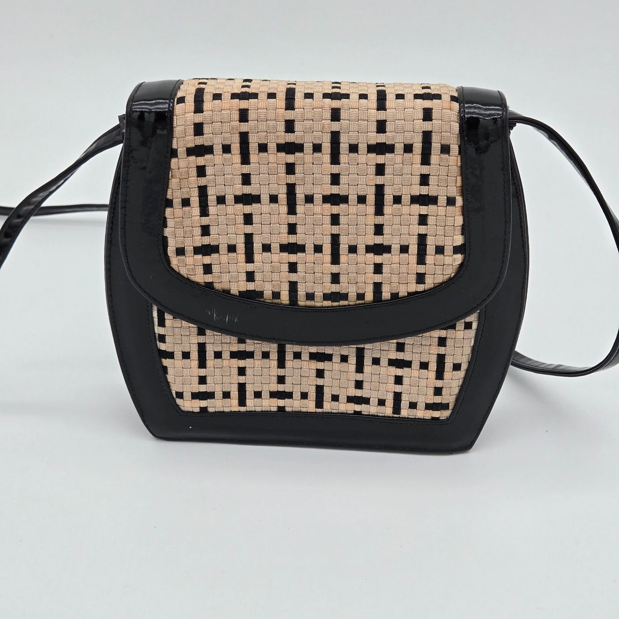 Vintage Frenchy California Black Patent Leather & Woven Straw Crossbody Bag