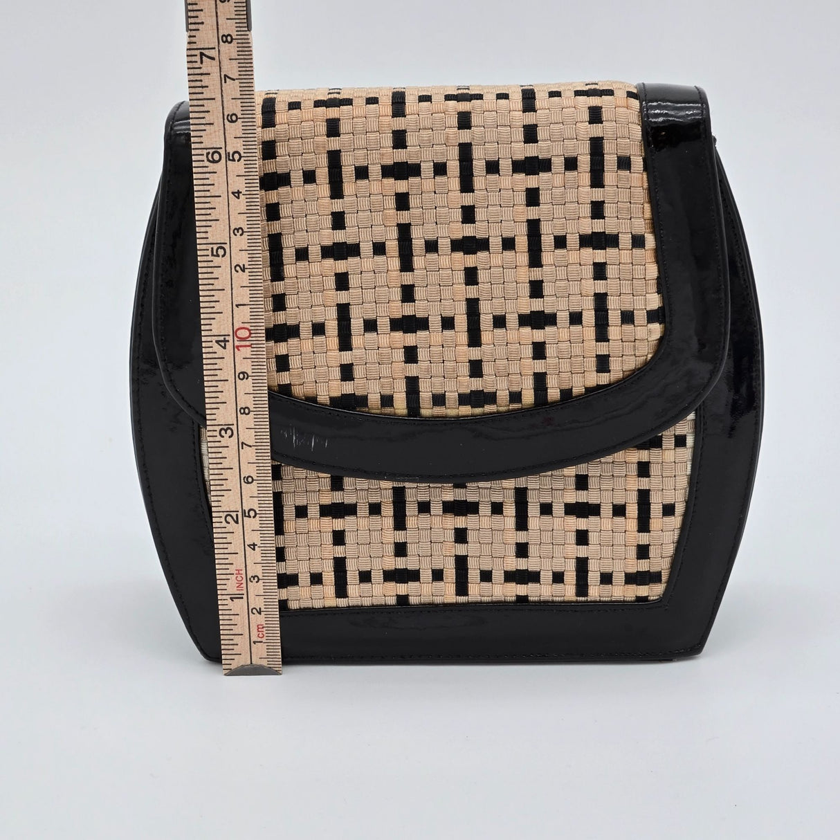 Vintage Frenchy California Black Patent Leather & Woven Straw Crossbody Bag