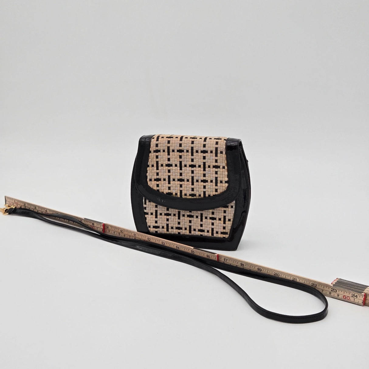 Vintage Frenchy California Black Patent Leather & Woven Straw Crossbody Bag