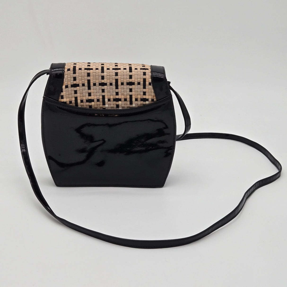 Vintage Frenchy California Black Patent Leather & Woven Straw Crossbody Bag