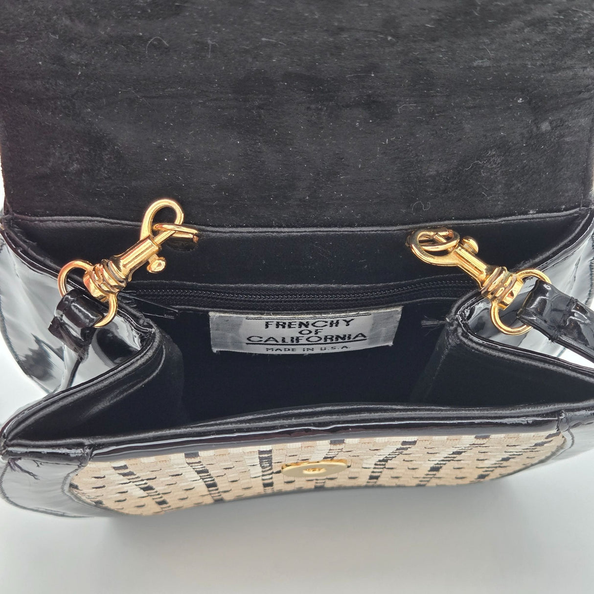Vintage Frenchy California Black Patent Leather & Woven Straw Crossbody Bag