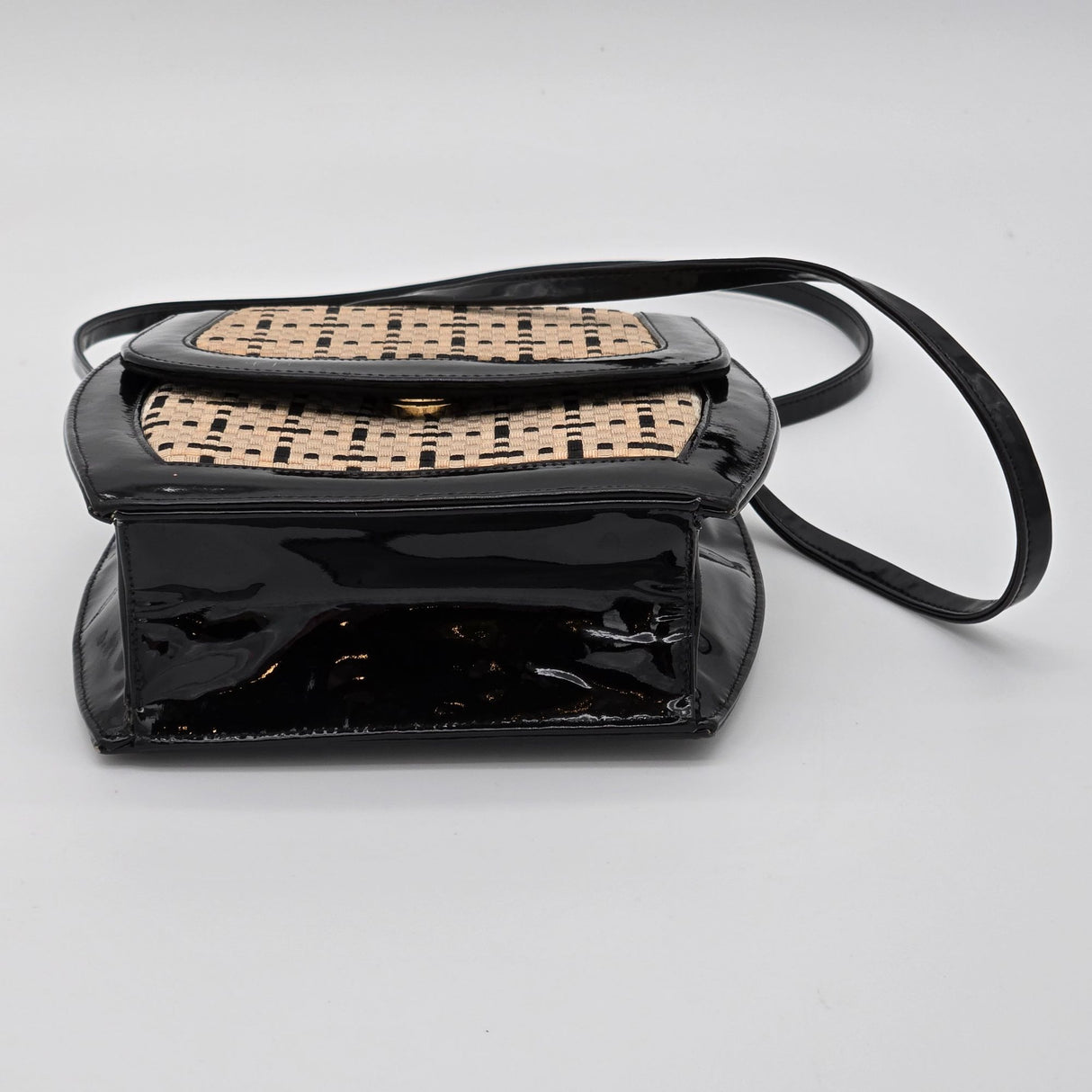 Vintage Frenchy California Black Patent Leather & Woven Straw Crossbody Bag