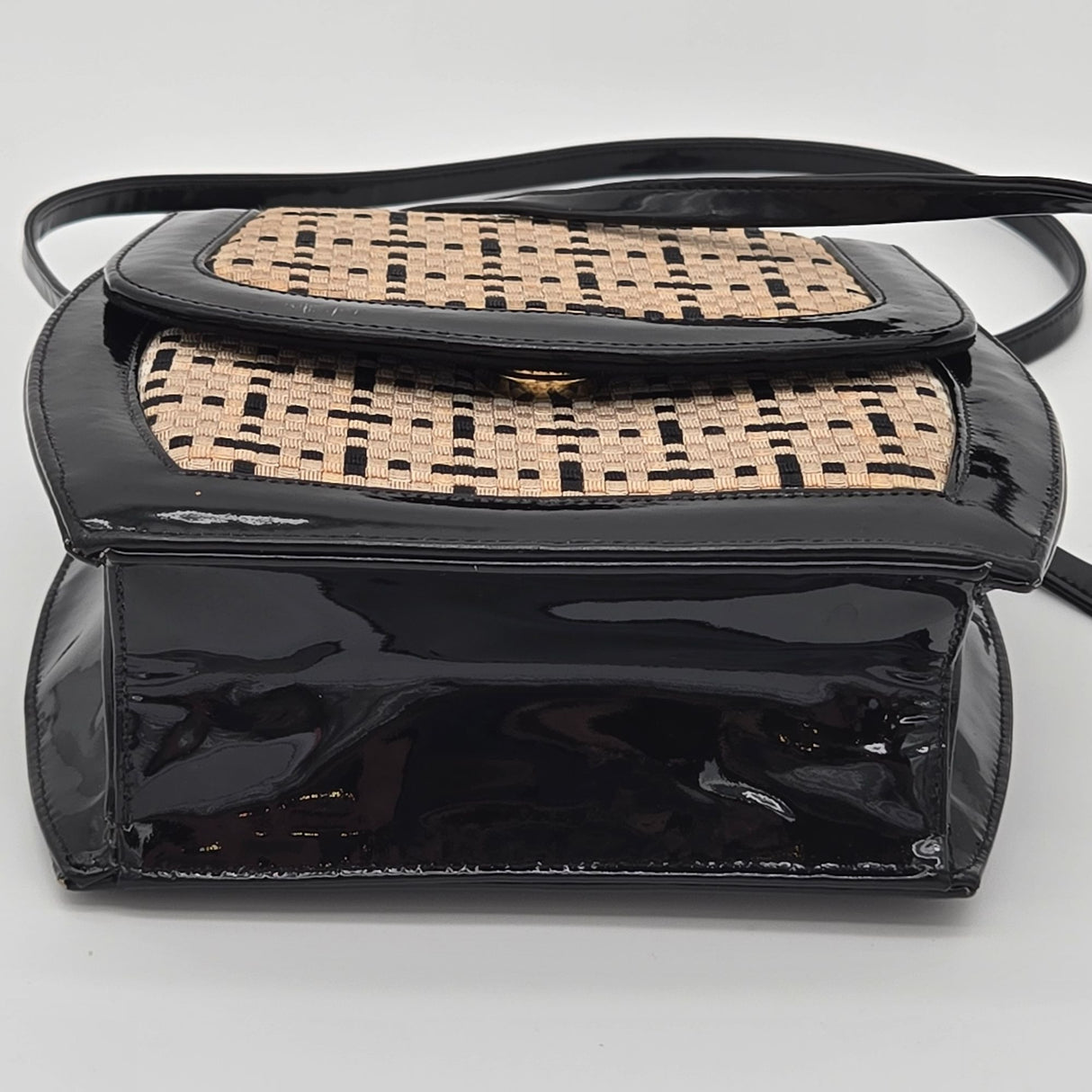 Vintage Frenchy California Black Patent Leather & Woven Straw Crossbody Bag