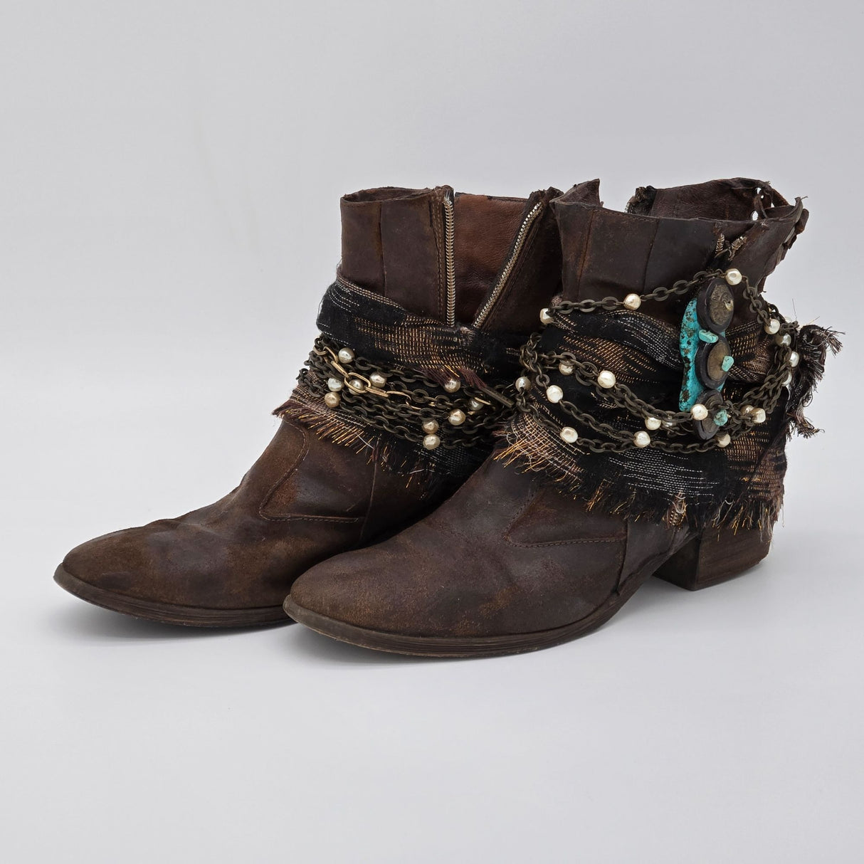 Donald J. Pliner Distressed Leather Ankle Boots W/ Chains Pearls & Turquoise Accents - Boho Western Style - Side Zippers & Lace-Up Back Size 10M
