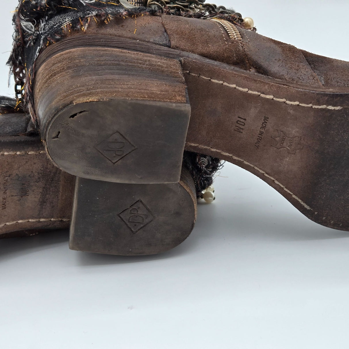 Donald J. Pliner Distressed Leather Ankle Boots W/ Chains Pearls & Turquoise Accents - Boho Western Style - Side Zippers & Lace-Up Back Size 10M