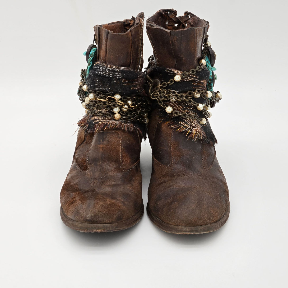 Donald J. Pliner Distressed Leather Ankle Boots W/ Chains Pearls & Turquoise Accents - Boho Western Style - Side Zippers & Lace-Up Back Size 10M