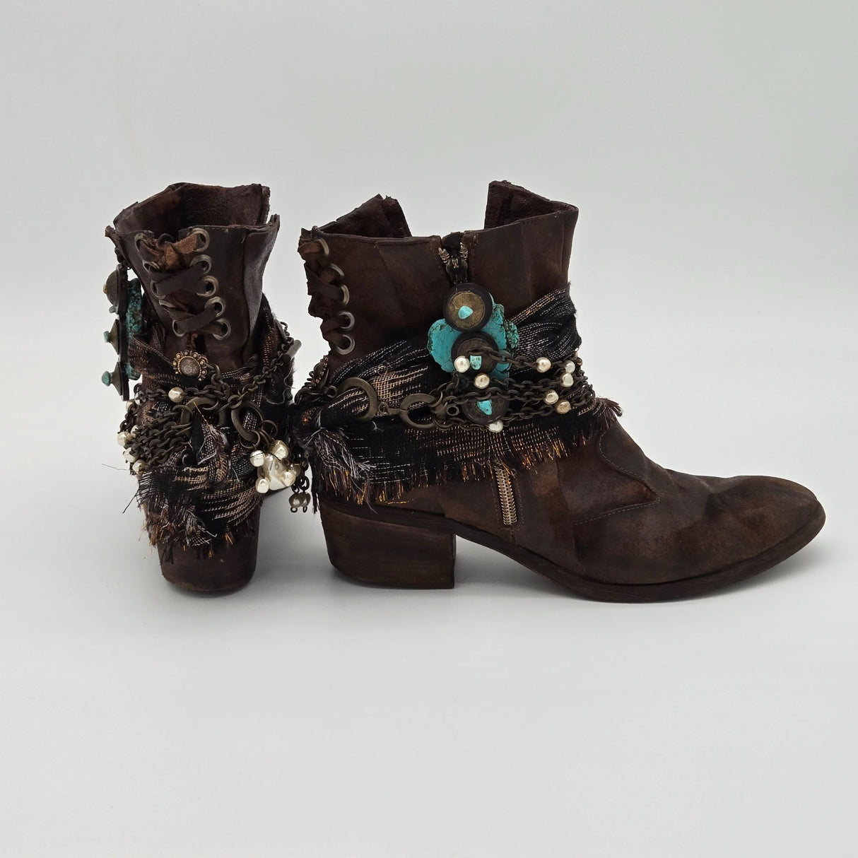 Donald J. Pliner Distressed Leather Ankle Boots W/ Chains Pearls & Turquoise Accents - Boho Western Style - Side Zippers & Lace-Up Back Size 10M