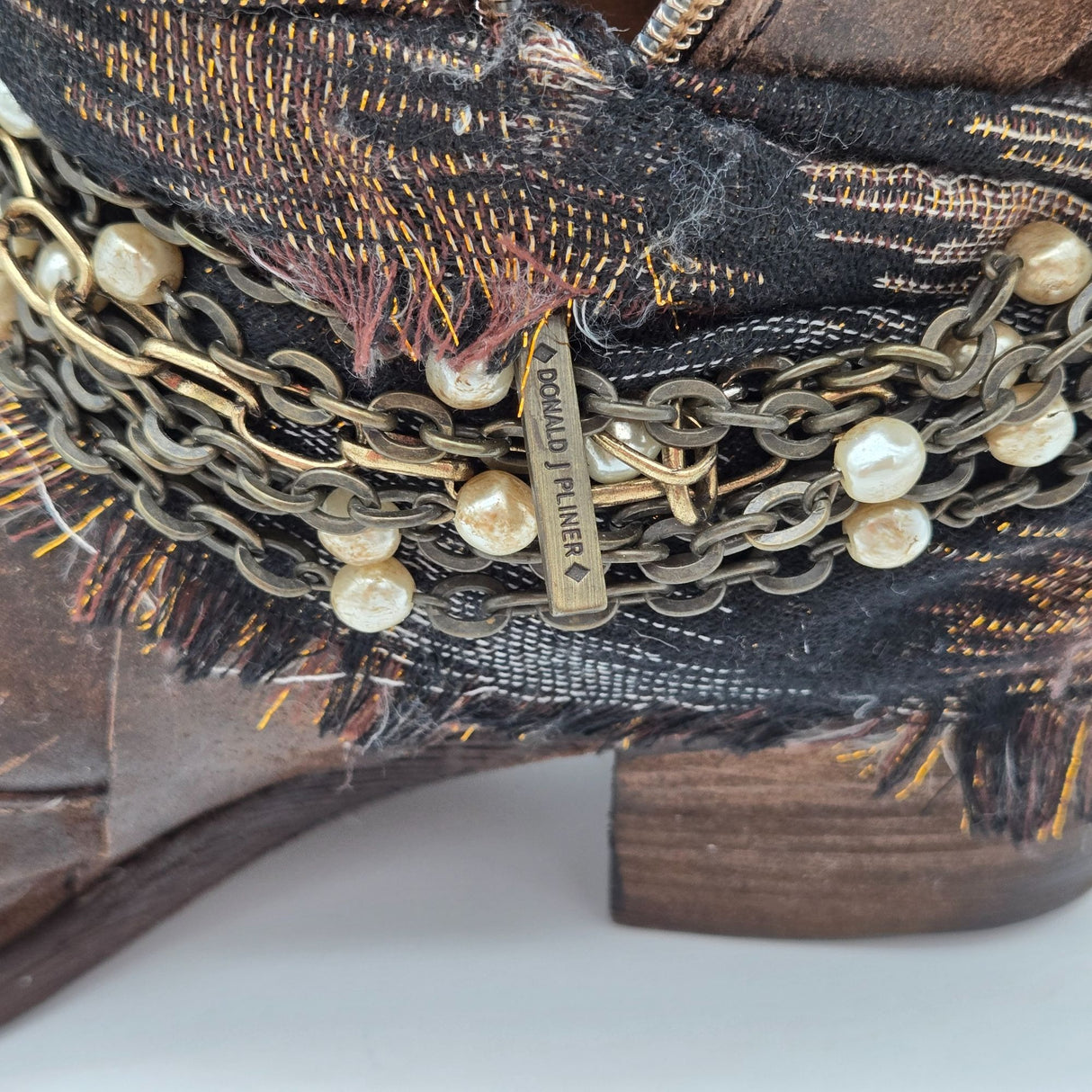 Donald J. Pliner Distressed Leather Ankle Boots W/ Chains Pearls & Turquoise Accents - Boho Western Style - Side Zippers & Lace-Up Back Size 10M