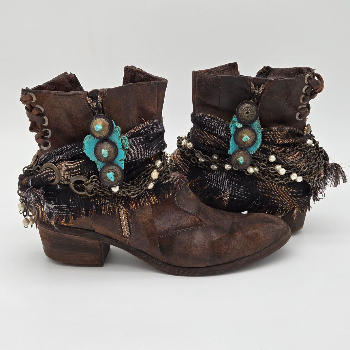 Donald J. Pliner Distressed Leather Ankle Boots W/ Chains Pearls & Turquoise Accents - Boho Western Style - Side Zippers & Lace-Up Back Size 10M