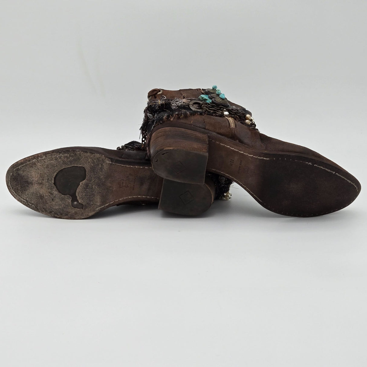 Donald J. Pliner Distressed Leather Ankle Boots W/ Chains Pearls & Turquoise Accents - Boho Western Style - Side Zippers & Lace-Up Back Size 10M