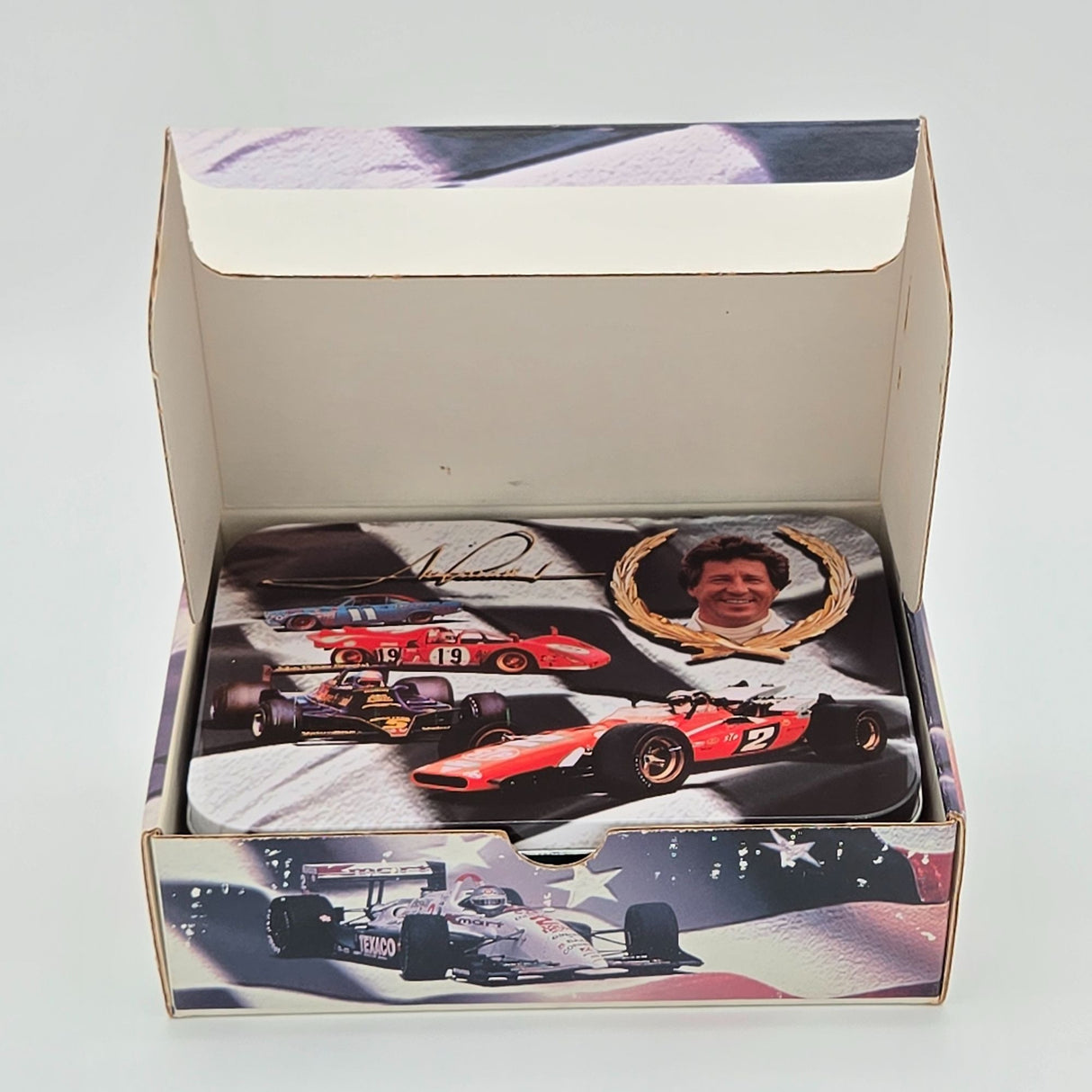 Mario Andretti Racing Collectible Tin With Cards & Memorabilia