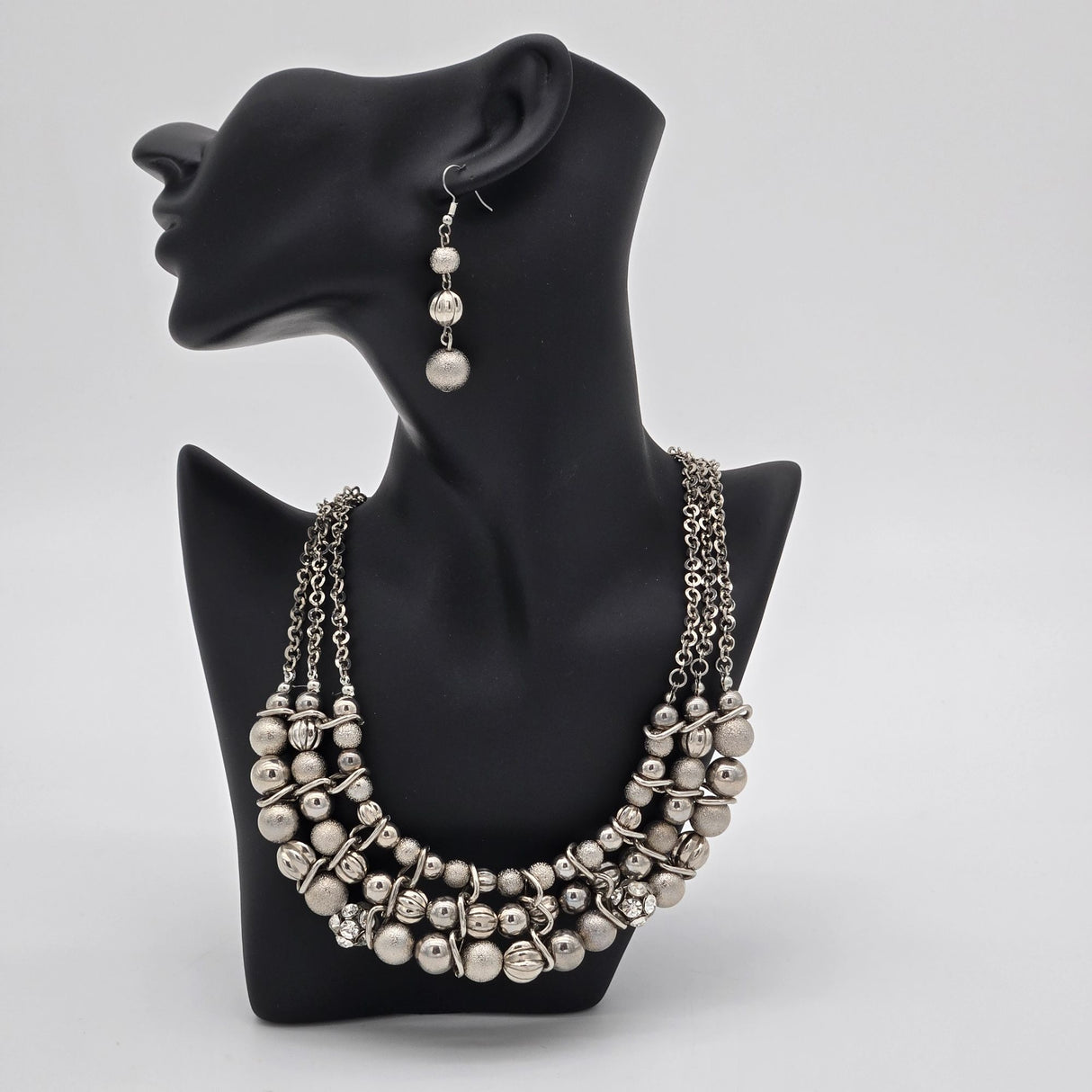 Chunky Silver-Tone Necklace & Dangle Earrings Set By Charlotte Daniel With Multi-Strand Chains & Beaded Design