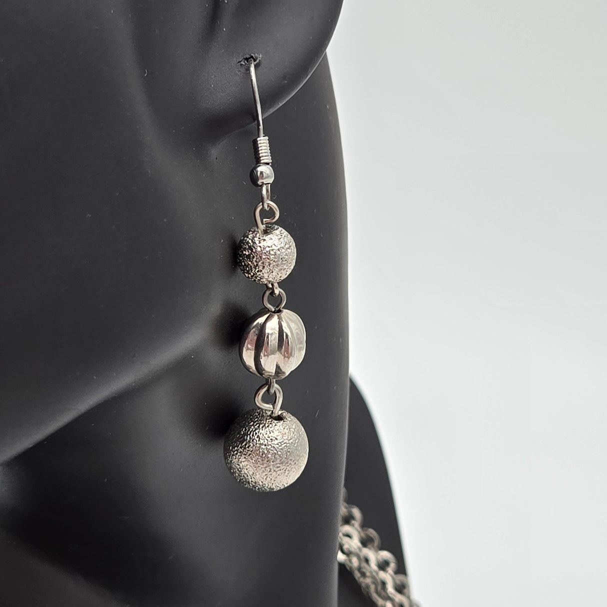 Chunky Silver-Tone Necklace & Dangle Earrings Set By Charlotte Daniel With Multi-Strand Chains & Beaded Design