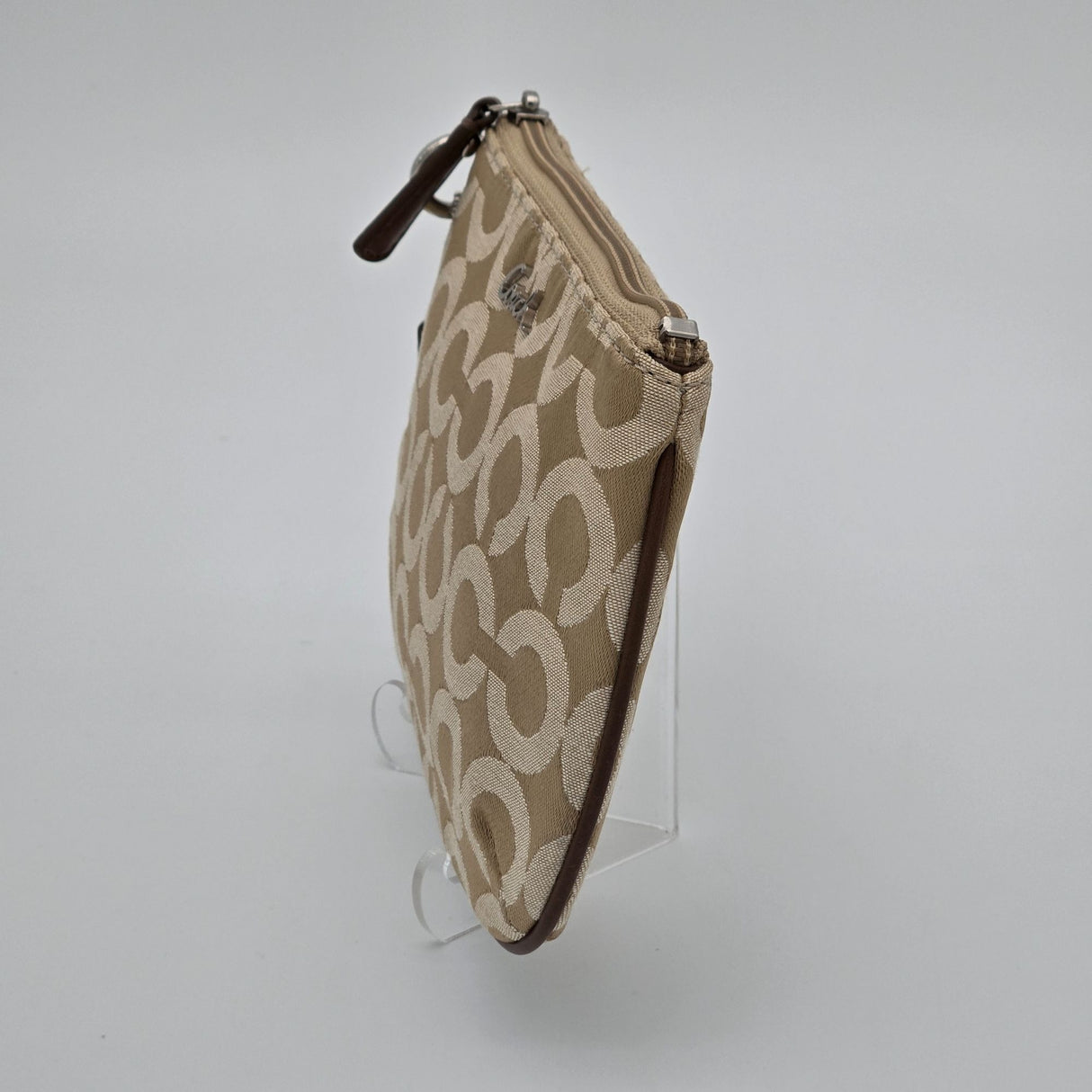 Coach Beige Signature Canvas Wristlet With Zip Closure & Leather Trim No Wrist Strap
