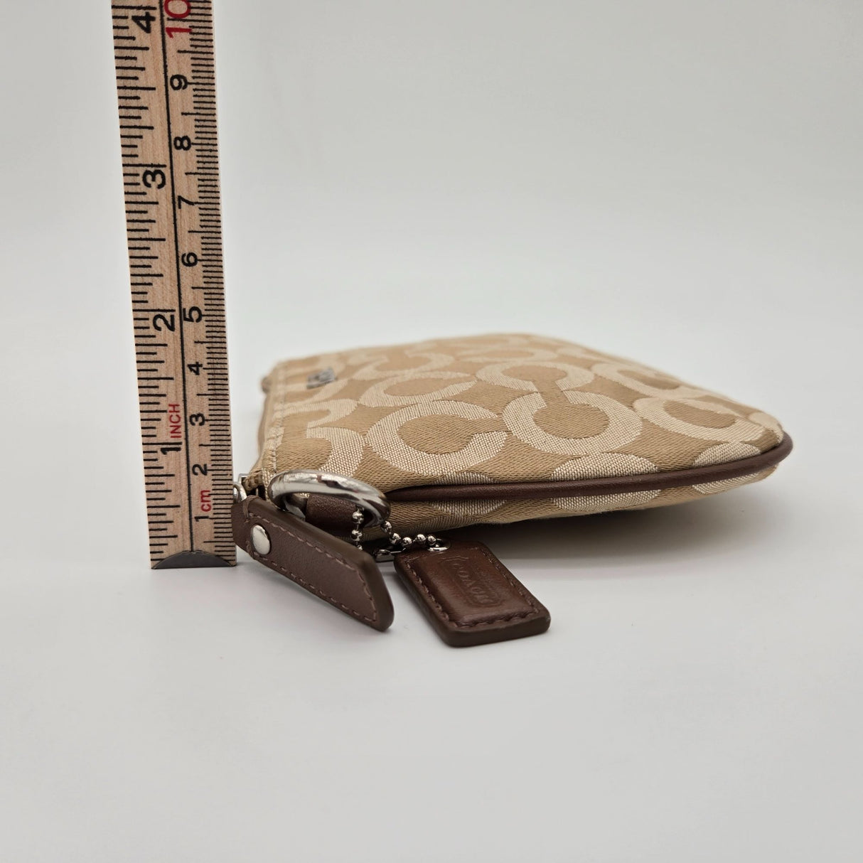 Coach Beige Signature Canvas Wristlet With Zip Closure & Leather Trim No Wrist Strap