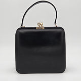 Vintage Black Leather Handbag By Bags By Supreme With Gold Kiss Lock Closure & Genuine Leather Lining