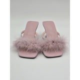 Pink Feathered Heel Sandals With Square Toe & 2-Inch Heels For Women