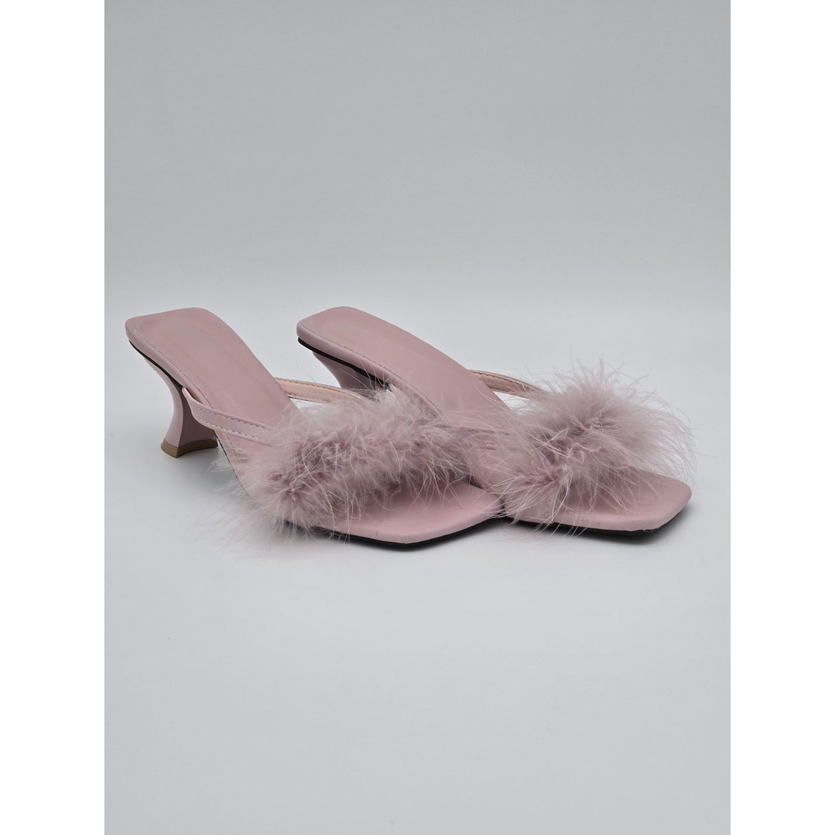 Pink Feathered Heel Sandals With Square Toe & 2-Inch Heels For Women