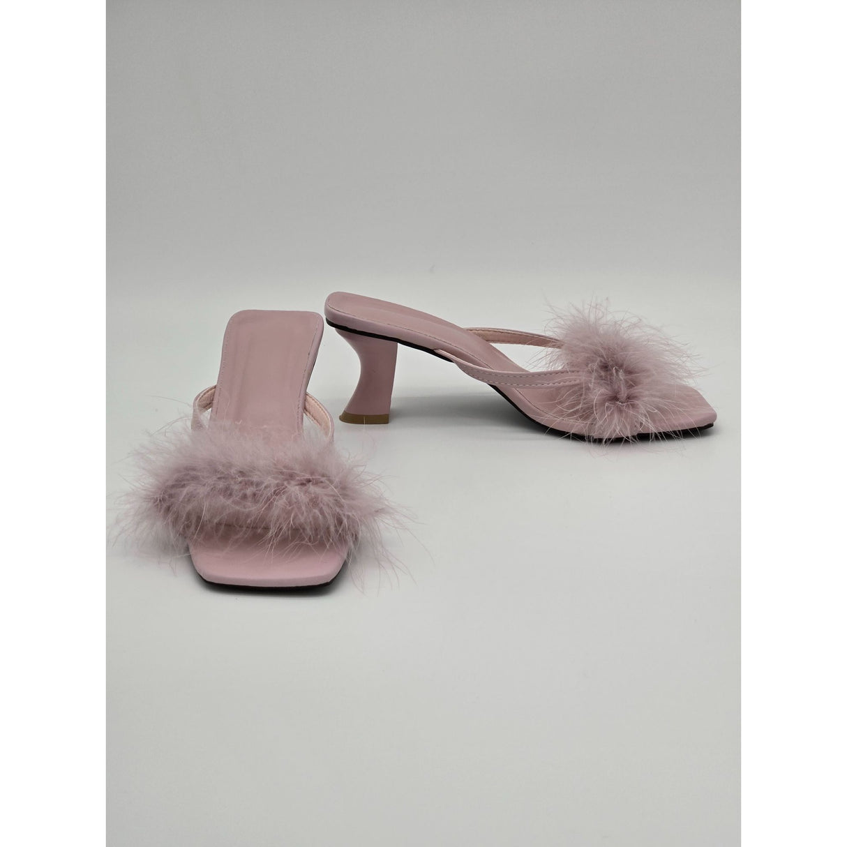 Pink Feathered Heel Sandals With Square Toe & 2-Inch Heels For Women