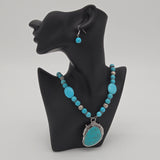 Turquoise Beaded Necklace & Earrings Set With Silver-Tone Pendant And Floral Design 18" Length Womens Jewelry