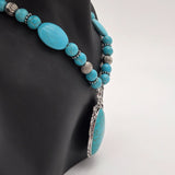 Turquoise Beaded Necklace & Earrings Set With Silver-Tone Pendant And Floral Design 18" Length Womens Jewelry