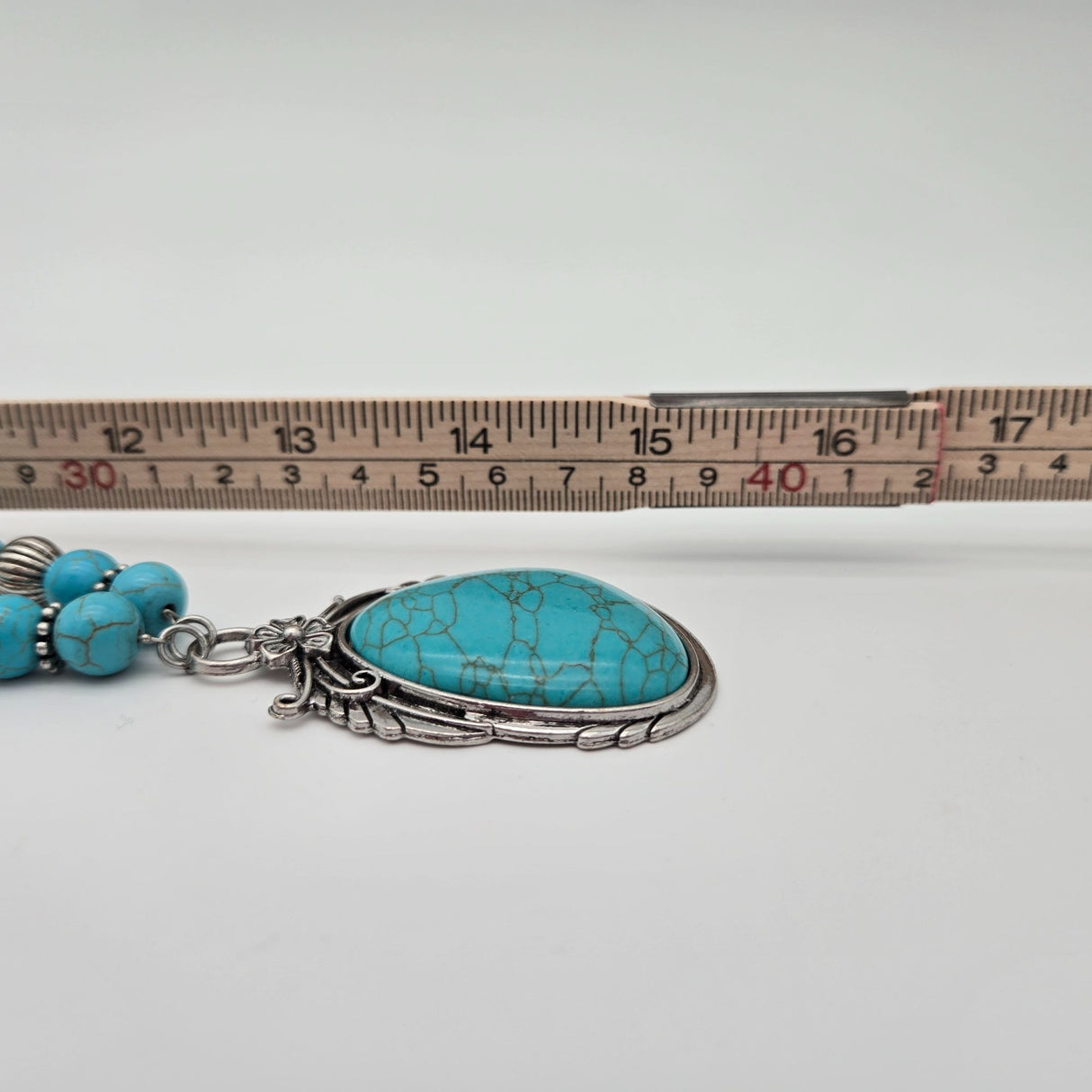 Turquoise Beaded Necklace & Earrings Set With Silver-Tone Pendant And Floral Design 18" Length Womens Jewelry