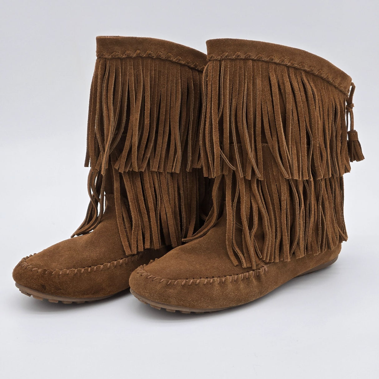Minnetonka Women's Brown Faux Suede 2 Layer Fringe Moccasin Boots Size 9