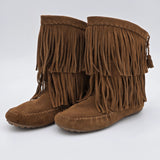 Minnetonka Women's Brown Faux Suede 2 Layer Fringe Moccasin Boots Size 9