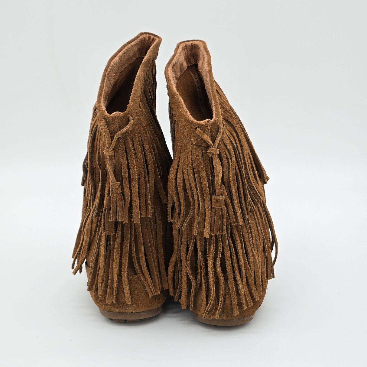 Minnetonka Women's Brown Faux Suede 2 Layer Fringe Moccasin Boots Size 9