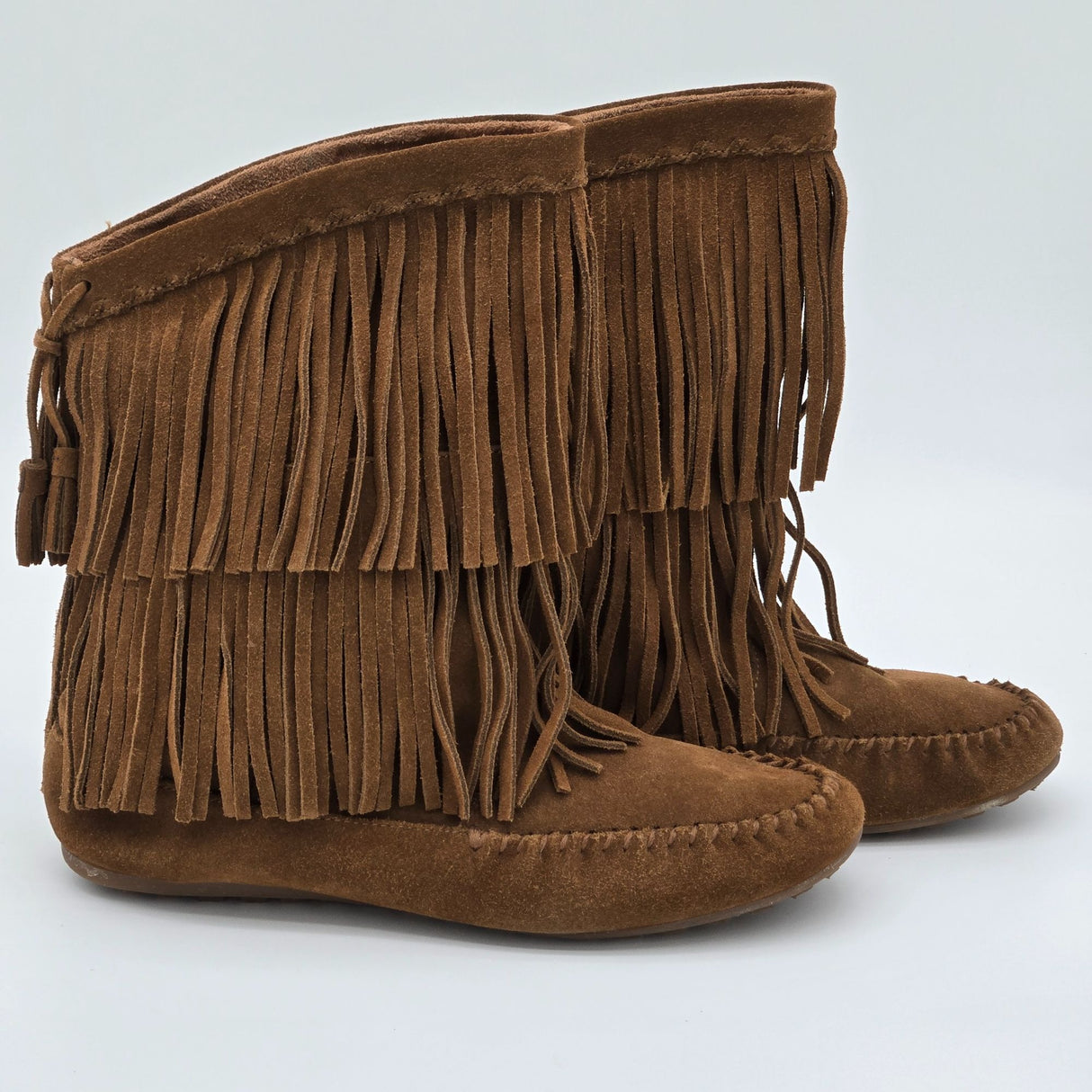 Minnetonka Women's Brown Faux Suede 2 Layer Fringe Moccasin Boots Size 9