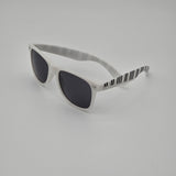 White Retro Sunglasses With Black Piano Key Pattern Arms & Soft Drawstring Pouch