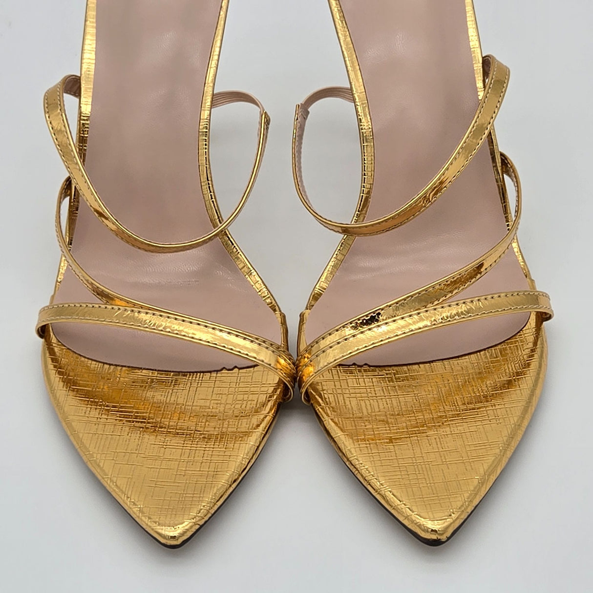 Gold Strappy Pointed-Toe High Heel Sandals Size 7.5 Women's Elegant Evening Shoes