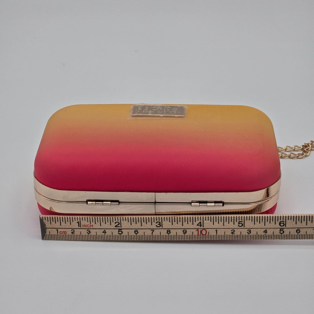 Escada Fiesta Carioca Ombre Yellow To Pink Clutch Bag With Gold Chain Strap & Satin Lining