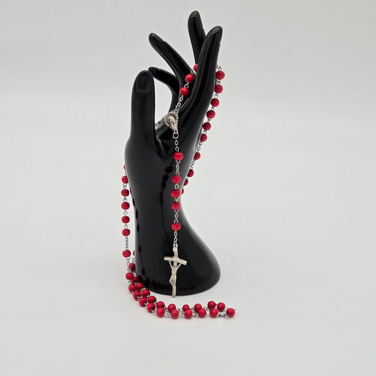 Red Wood Bead Rosary Necklace With Silver-Tone Crucifix & Virgin Mary Centerpiece