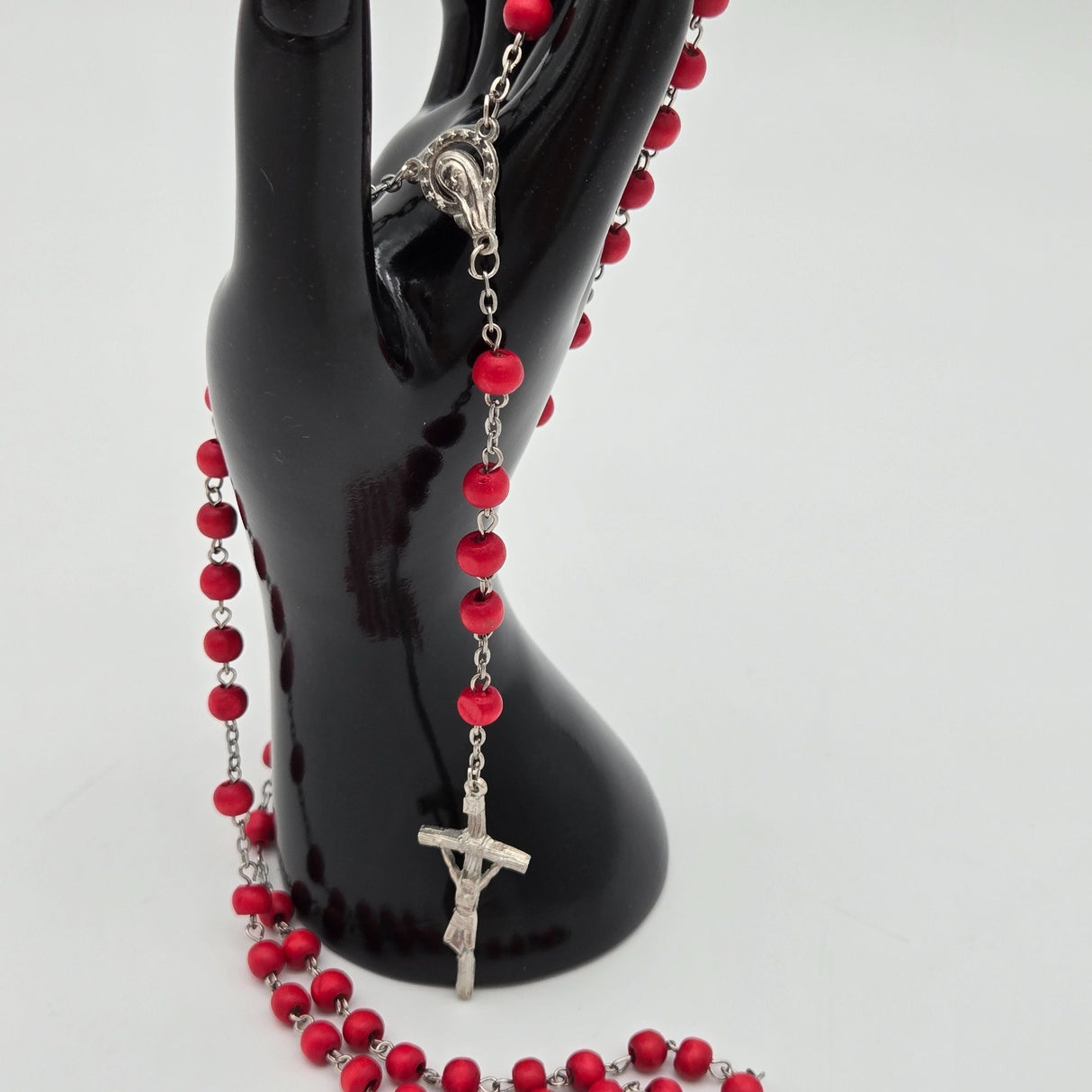 Red Wood Bead Rosary Necklace With Silver-Tone Crucifix & Virgin Mary Centerpiece